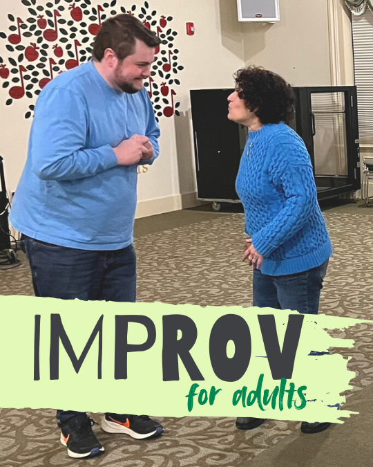 Two adults in blue sweaters stand facing each other, appearing to act out a scene. The words IMPROV for adults are written in large letters, highlighting Apple Tree Arts' engaging theatre programs for all ages.