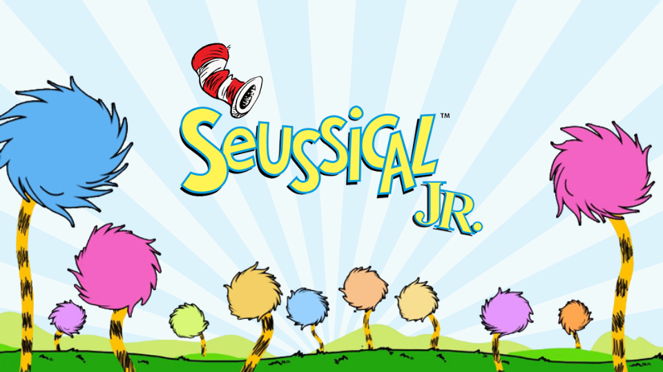 Seussical Jr. logo with Truffula trees in various colors on a grassy landscape and blue sky background.