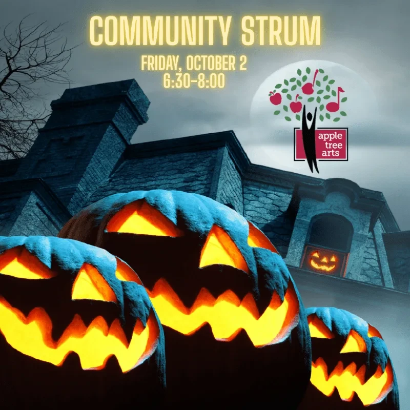 Community Strum, Friday, October 2, 6:30–8:00: glowing jack-o'-lanterns in front of a haunted house under a full moon, with the Apple Tree Arts logo